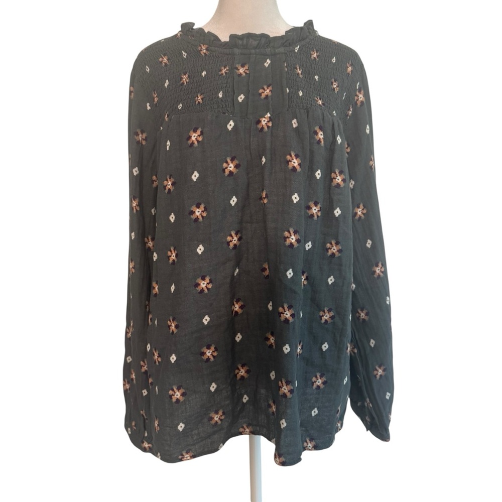 Sonoma Floral Blouse Size L Dark Green Long Sleeve